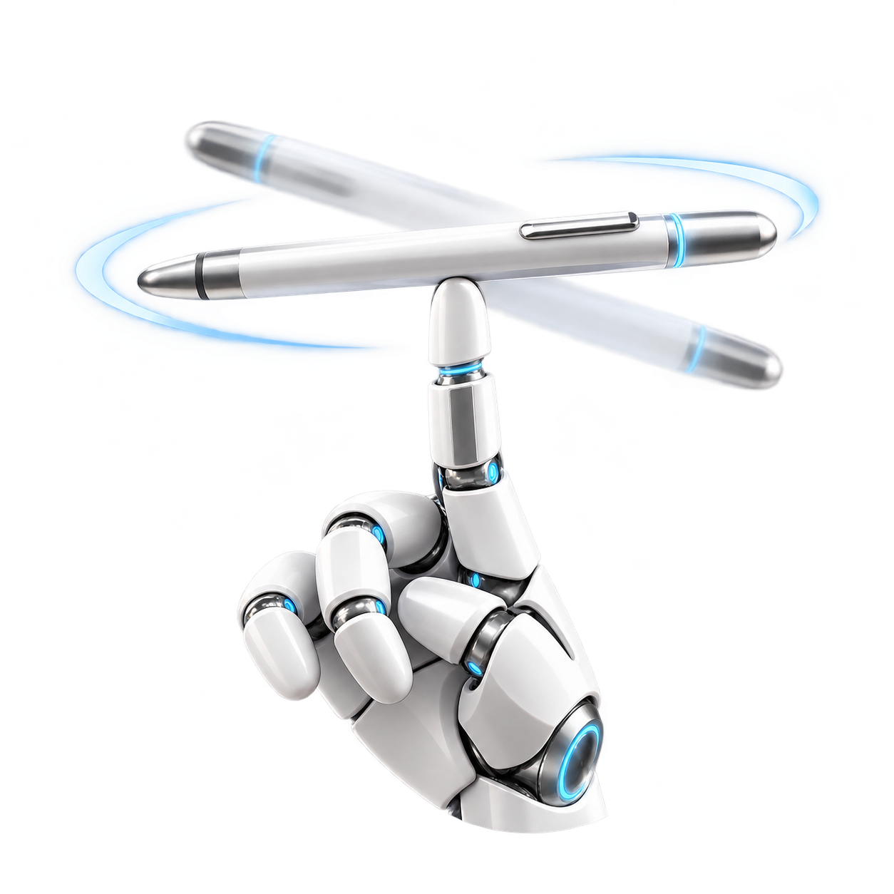 A robotic fingertip spinning a pen at high speed, with blue motion trails